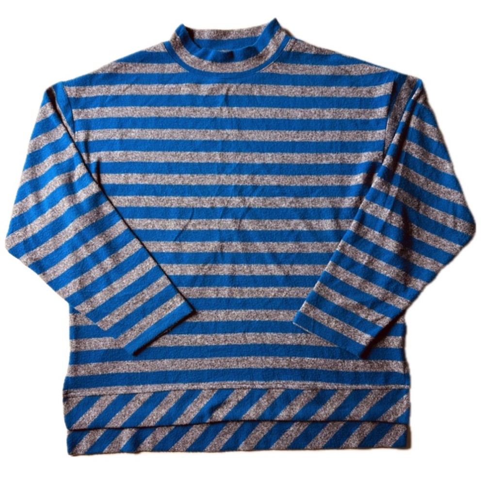 Rafaella Striped Mock Neck Top‎ Women's Large Bold Blue Gray Casual Chic